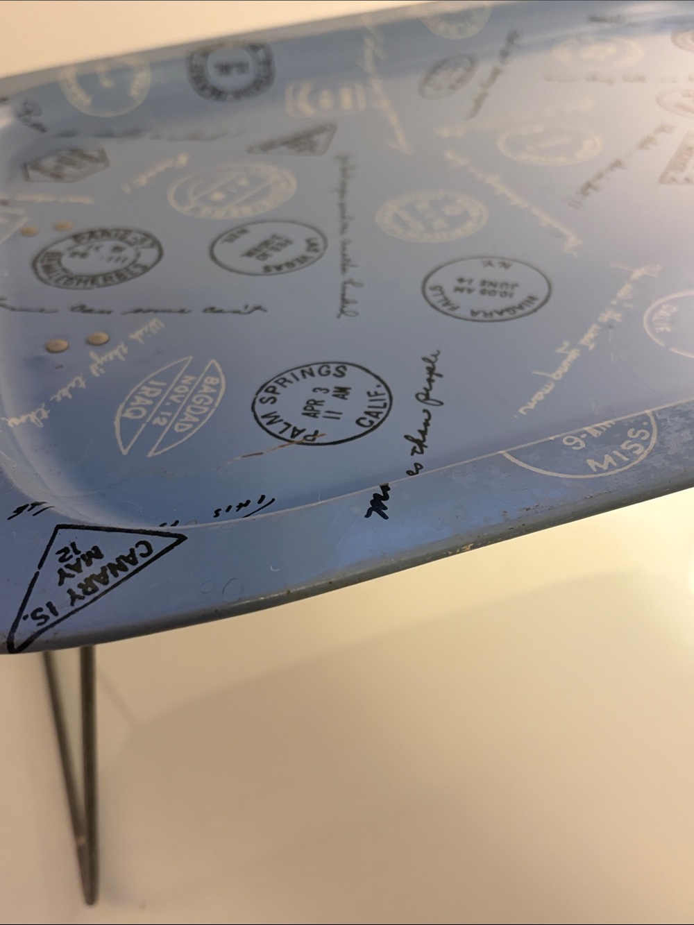 Vintage Mid-Century Metal Folding TV Tray Table - Retro Travel Passport Stamp